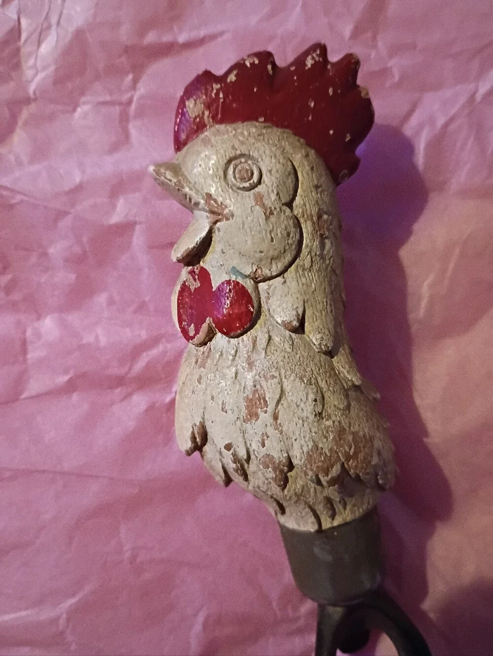 Vintage Rooster Bottle Opener Wooden Chicken Cream and Red